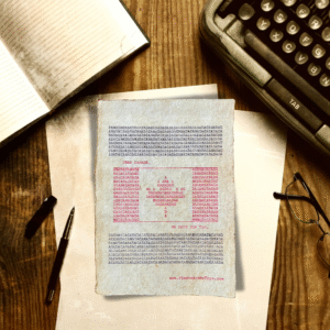The word, "CANADA" is typed repeatedly on handmade, recycled cotton paper to form an image of the Canadian flag using red and black ink along with negative space. The words, “dear Canada, we hate him too.” frame the flag. The website www.plantsaremytype.com is typed at the bottom right corner of the page. The art sits on a wooden desk with a notebook, typewriter, pen, and glasses on the desk.