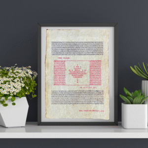 The word, "CANADA" is typed repeatedly on handmade, recycled cotton paper to form an image of the Canadian flag using red and black ink along with negative space. The words, “dear Canada, we hate him too.” frame the flag. The website www.plantsaremytype.com is typed at the bottom right corner of the page. The art is shown in a black frame on a ledge with plants on both sides of the framed art.