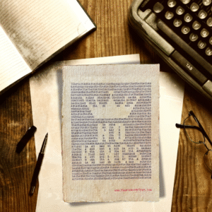 The letters, "USA" are typed repeatedly on handmade, recycled cotton paper to form the outline of a crown and the words, "no kings" using black ink and negative space. The website www.plantsaremytype.com is typed at the bottom right corner of the page. The art sits on a wooden desk with a notebook, typewriter, pen, and glasses on the desk.