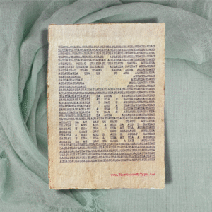 The letters, "USA" are typed repeatedly on handmade, recycled cotton paper to form the outline of a crown and the words, "no kings" using black ink and negative space. The website www.plantsaremytype.com is typed at the bottom right corner of the page. The art sits atop a green linen background.
