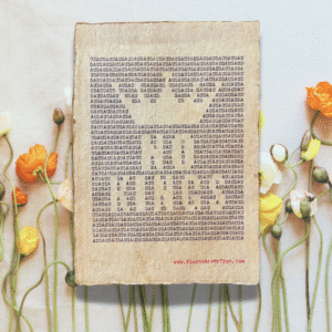 The letters, "USA" are typed repeatedly on handmade, recycled cotton paper to form the outline of a crown and the words, "no kings" using black ink and negative space. The website www.plantsaremytype.com is typed at the bottom right corner of the page. The art sits atop a floral background.