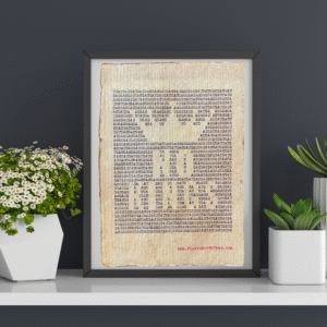 The letters, "USA" are typed repeatedly on handmade, recycled cotton paper to form the outline of a crown and the words, "no kings" using black ink and negative space. The website www.plantsaremytype.com is typed at the bottom right corner of the page. The art is shown in a black frame on a ledge with plants on both sides of the framed art.