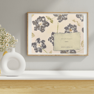Artwork inside a tan frame displayed on a grey wall. Next to the art is a modern white vase with white and yellow flowers. Art made using pigment from real plants as a backdrop. Atop, on handmade cotton paper, are the hand-typed plant common name and botanical name as well as the area the plants were collected.