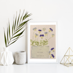An image of framed typewriter art in a white frame on a white shelf. The art is stamped with real plants and displays a the plant name, botanical name, and area the plants were collected. The art is displayed in a white frame between a white vase with a palm front next to a cement jar and a golden geometric decorative piece.