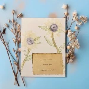 Artwork displayed on blue backdrop with cotton. Art made using pigment from real plants as a backdrop. Atop, on handmade cotton paper, are the hand-typed plant common name and botanical name as well as the area the plants were collected.