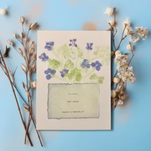 Artwork displayed on blue backdrop with cotton. Art made using pigment from real plants as a backdrop. Atop, on handmade cotton paper, are the hand-typed plant common name and botanical name as well as the area the plants were collected.